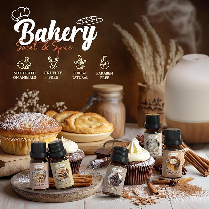 SALUBRITO Bakery Fragrance Oils Set, Premium Essential Oils Set for Candle, Soap Making, Diffuser - Pumpkin Pie, Chocolate Cupcake, Snickerdoodle, Gingerbread, Creamy Vanilla, Sugar Cookies
