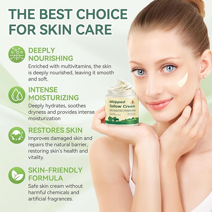 Beef Tallow for Skin, Organic Grass Fed Whipped Beef Tallow Moisturizer Nourishes and Hydrates the Skin, Natural Unscented Tallow Face Moisturizer Smooth Soft for Dry Skin, 4oz