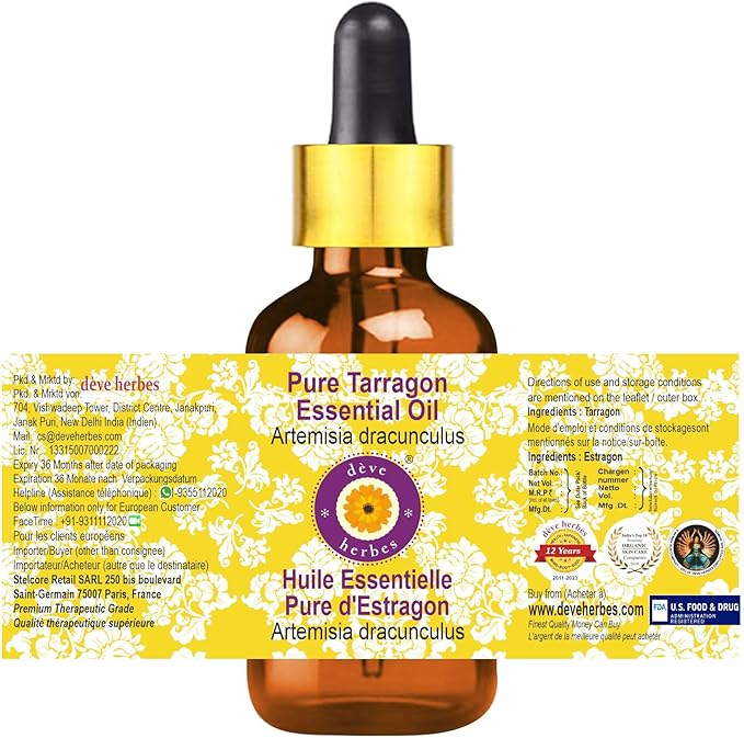Deve Herbes Pure Tarragon Essential Oil (Artemisia Dracunculus) with Glass Dropper Steam Distilled 30ml (1 oz)
