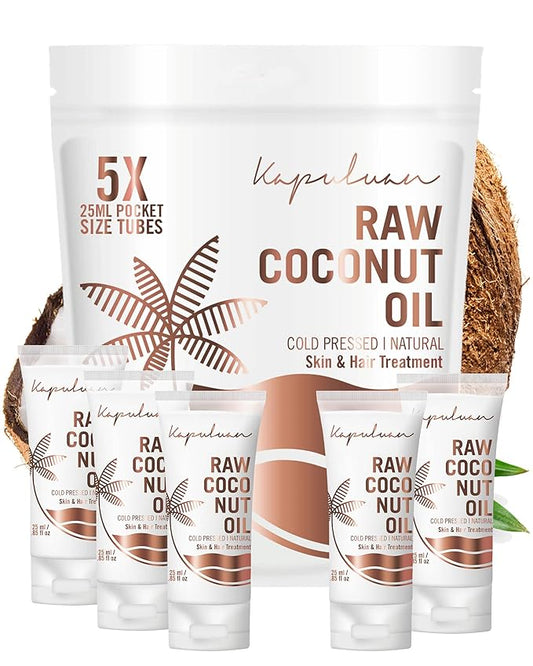 Coconut Oil for Hair, Skin - Extra Virgin Cold Pressed Oil with MCTs for Body Care or Haircare, Hair Growth, Aceite de Coco Natural, Baby, Dogs, Pets Travel Mini Tube (5 x 25ml)