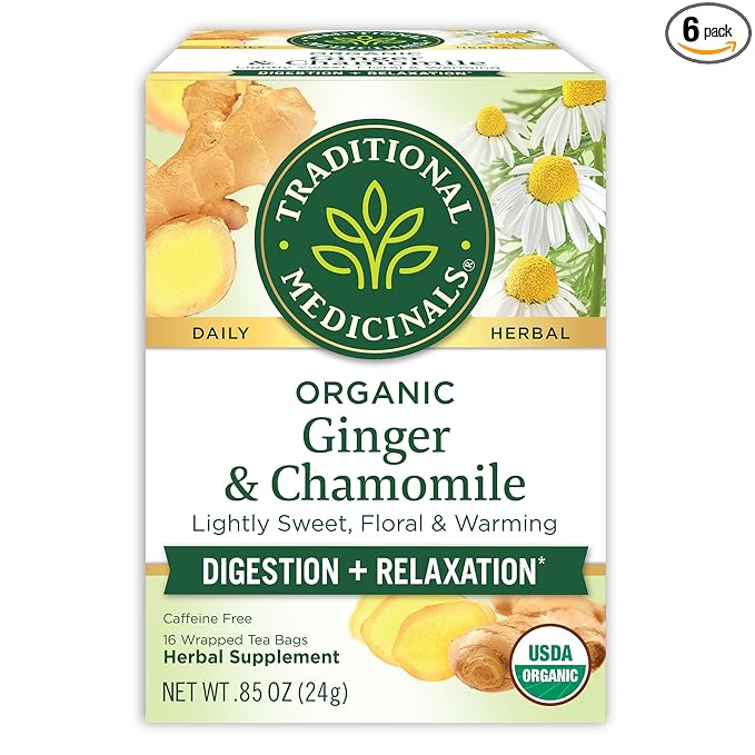 Traditional Medicinals Tea, Organic Ginger & Chamomile, Occasional Nausea & Indigestion Relief, 16 Tea Bags