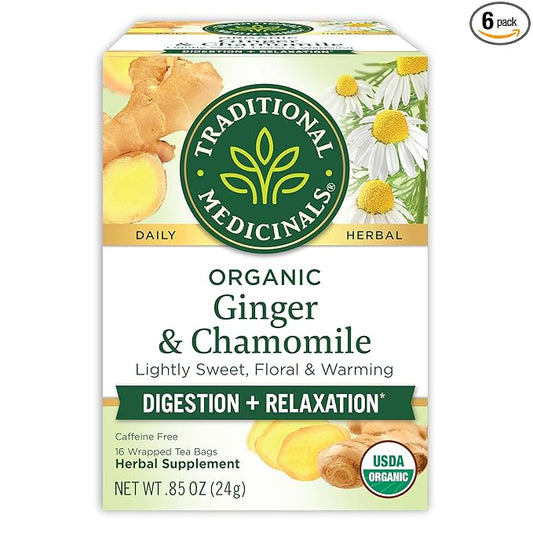 Traditional Medicinals Tea, Organic Ginger & Chamomile, Occasional Nausea & Indigestion Relief, 16 Tea Bags