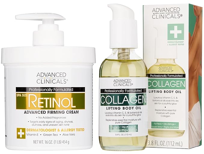 Advanced Clinicals Retinol Body Lotion + Firming Collagen Body Oil 2pc Set | Fragrance Free Retinol Cream Face Moisturizer + Collagen Massage Body Oil | Crepey Skin Care Treatment, 2pc Bundle