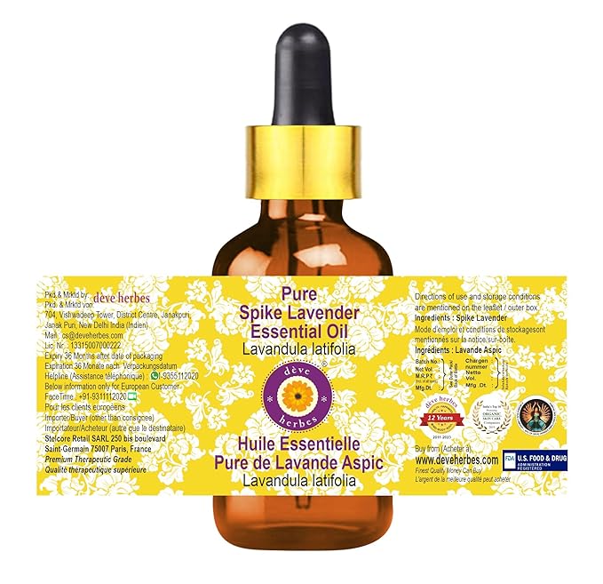Deve Herbes Pure Spike Lavender Essential Oil (Lavandula latifolia) with Glass Dropper Steam Distilled 15ml (0.50 oz)