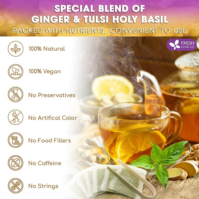 FreshDrinkUS, Premium 75 Ginger Tulsi Tea Bags, 100% Natural, Hand-made Blend of Ginger and Tulsi Holy Basil Leaves, Eco-conscious Tea Bags. Ginger Tulsi Herbal Tea. No Sugar, No Caffeine, Vegan.