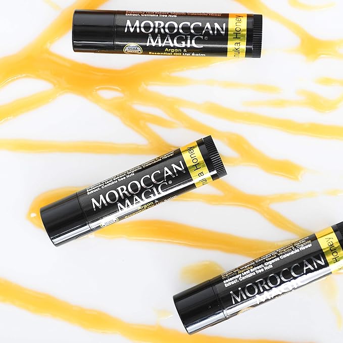 Moroccan Magic Organic Manuka Honey Lip Balm 3 Pack | Made with Natural Cold Pressed Argan and Essential Oils Lip Balm | Smooth Application