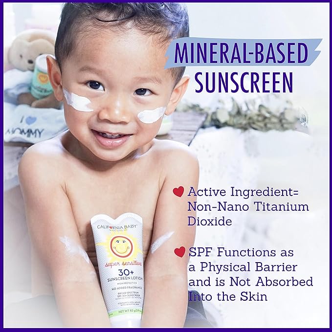 California Baby Super Sensitive SPF 30+ Sunscreen | Broad Spectrum | Titanium Dioxide | Hypoallergenic Unscented Mineral Sunscreen | Reef Safe Sunscreen | Sensitive Skin Friendly | 82g / 2.9oz