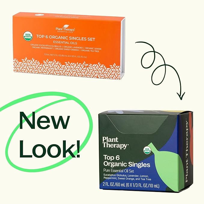 Plant Therapy Top 6 USDA Organic Essential Oil Set - Lavender, Peppermint, Eucalyptus, Lemon, Tea Tree 100% Pure, Natural Aromatherapy, for Diffusion & Topical Use, Therapeutic Grade 10 mL (1/3 oz)