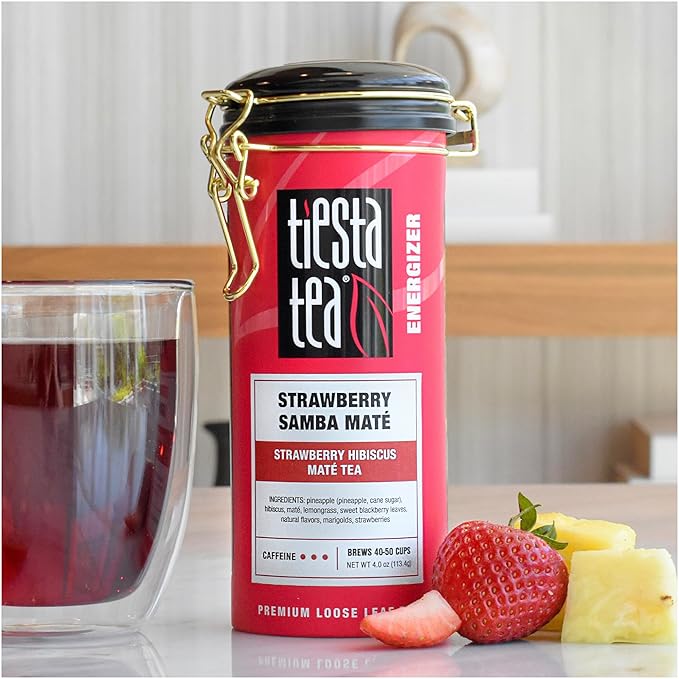 Tiesta Tea - Strawberry Samba Mate | Loose Leaf | Strawberry Hibiscus Mate Tea | High Caffeinated Fruit Blend | Make Hot or Iced Up to 50 Cups | 4 oz Refillable Tin