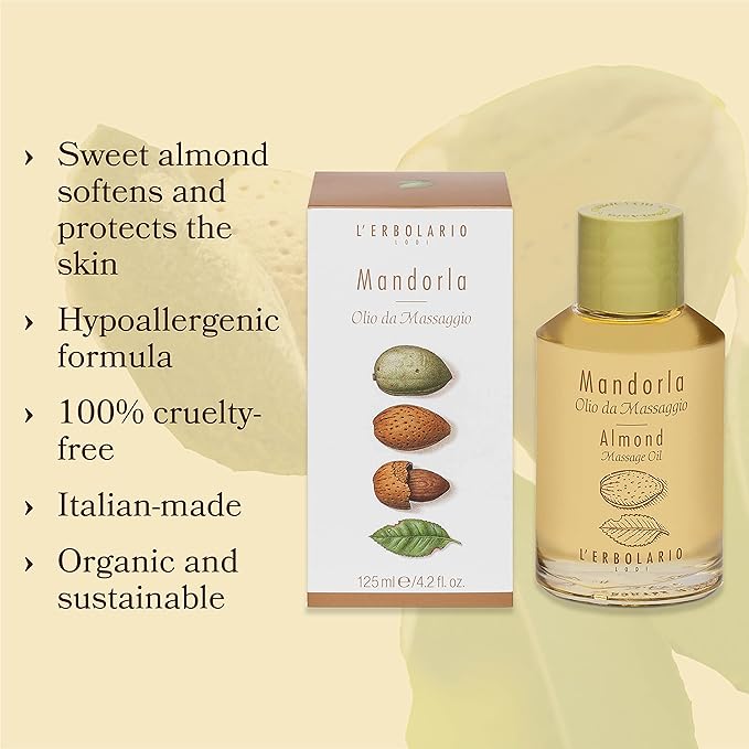 L'Erbolario - Almond Massage Oil - Helps Against Fine Lines and Loss of Tone - Perfect for Sensitive or Delicate Skin - Moisturizing, Nourishing and Toning Properties - Amber Fragrance, 4.2 oz
