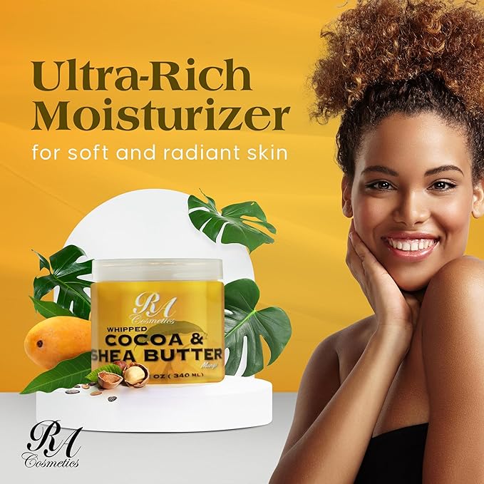 RA COSMETICS Whipped Cocoa & Shea Butter, Mango - 12oz | 100% Pure & Natural Skin Moisturizer with Coconut Oil | Vitamin-Rich Body Butter for Soft, Supple, and Radiant Skin & Healthy Hairs