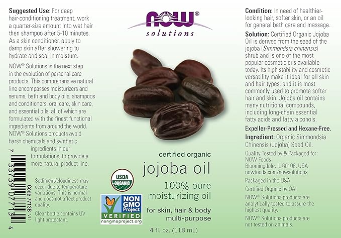 NOW Foods Solutions Certified Organic Jojoba Oil, 4 oz Liquid