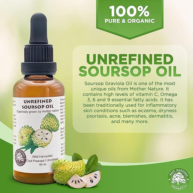 Virgin Soursop Oil (Anona Muricata / Graviola / Guanabana) – 100% Pure, Organic, Cold-Pressed, Unrefined – 2oz / 60ml – Natural Facial Oil & Moisturizer for Dry, Damaged, or Sensitive Skin