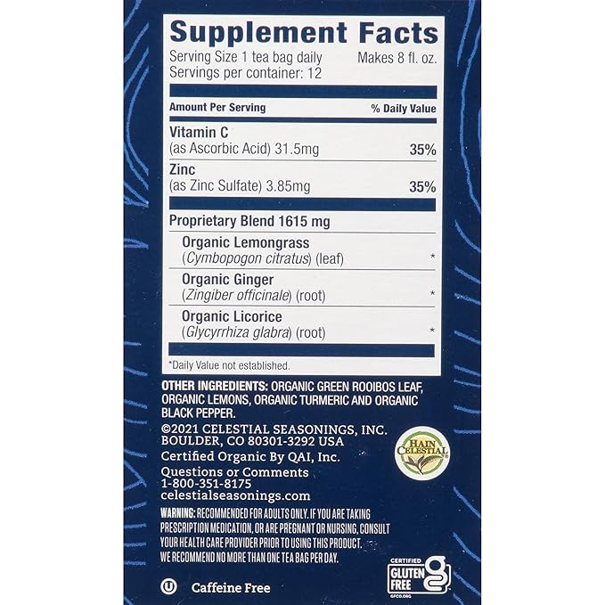 Celestial Seasonings TeaWell Herbal Tea, Lemon Ginger, Caffeine Free Organic Wellness Tea, 12 Tea Bags