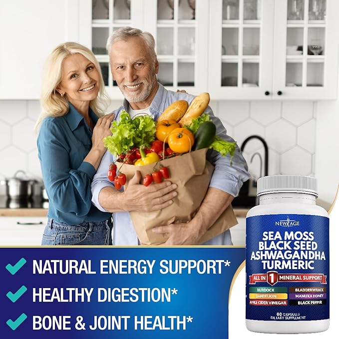 NEW AGE Silica Sea Moss, Black Seed Oil, Ashwagandha, Turmeric, Bladderwrack, Burdock - with Manuka, Honey Dandelion, ACV Black Pepper Gluten Free