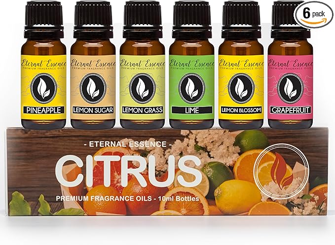 Eternal Essence Oils Citrus Set of 6 Premium Fragrance Oils - Lemon Grass, Blossom, Sugar, Lime, Grapefruit, and Pineapple - for Diffusers, Candle & Soap Making, & Aromatherapy - 10ML