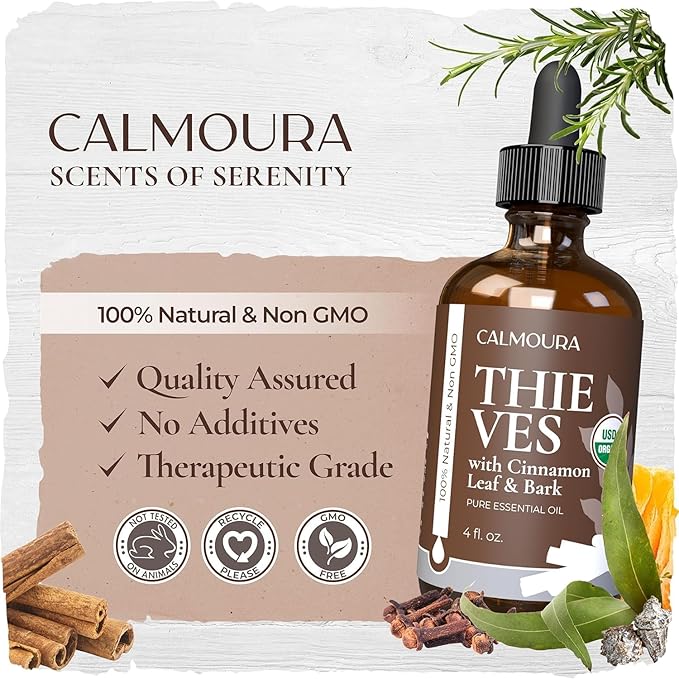 CALMOURA Organic Thieves Oil Essential Oil — USDA Certified Therapeutic Grade — (4 oz | 118 ml) — Based on The Tale of Four Thieves — Five Guards Essential Oil