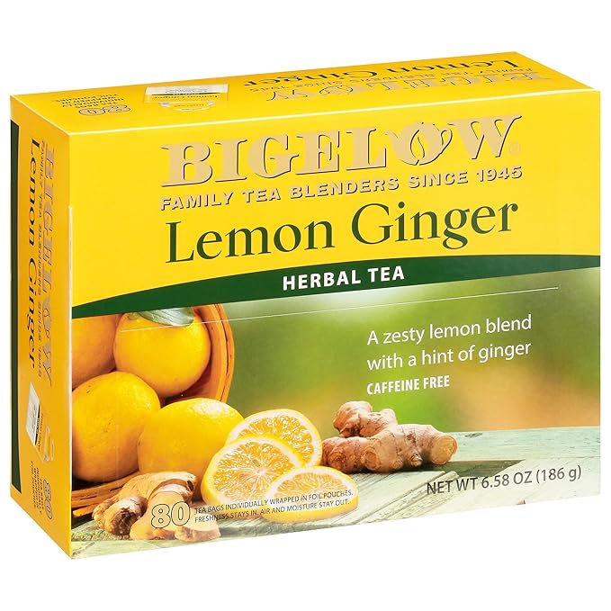 Bigelow Lemon Ginger, 80 Count Box (Pack of 1) Caffeine Free Herbal Tea , 80 Tea Bags Total