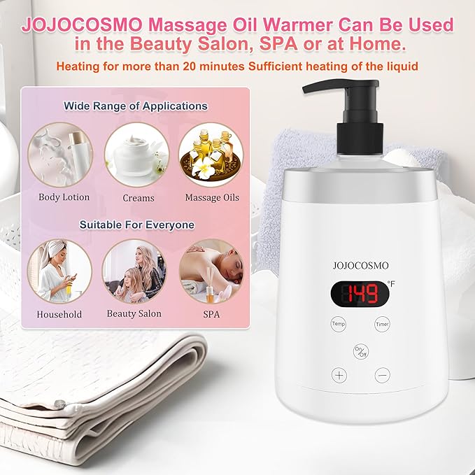 Massage Oil Warmer, Massage Oil Heater with Two Oil Bottle dispensers, Body Liquid Warmer from 30 to 65 °C, Lotion Bottle Warmer Shampoo Heater, for Salon, White