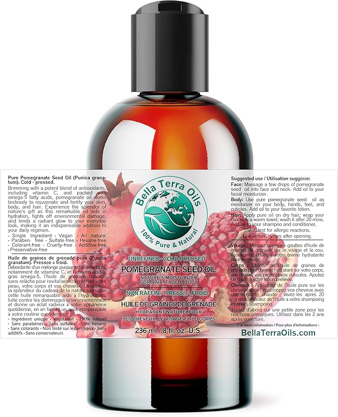 Bella Terra Oils - Organic Pomegranate Seed Oil 8 oz - Rich in Nutrients for Skin Hydration, Cold-Pressed from Organic Pomegranate Kernels