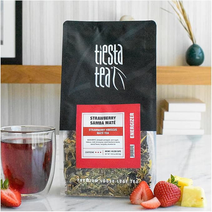 Tiesta Tea - Strawberry Samba Mate | Loose Leaf | Strawberry Hibiscus Mate Tea | High Caffeinated Fruit Blend | Make Hot or Iced Up to 200 Cups | 16oz Resealable Bulk Bag