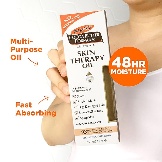 Palmer's Cocoa Butter Formula Skin Therapy Moisturizing Body Oil with Vitamin E & Pure Argan Oil, Deep Body Moisturizer for Dry, Damaged Skin, Scars or Stretch Marks, 5.1 Fl Oz (Pack of 3), YELLOW