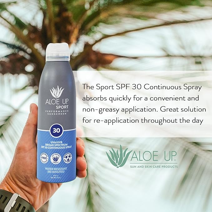 Aloe Up Sport Continuous Spray Sunscreen SPF 30 - Broad Spectrum UVA/UVB Sunscreen Protector for Face and Body - With Aloe Vera Gel - Fast Absorbing Sheer Formula - Reef Safe - Fragrance-Free - 6 Oz
