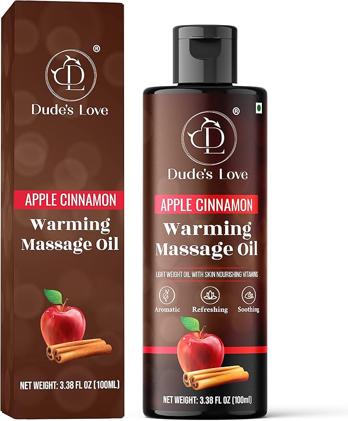 Dude's Love - Organic - Flavored Warming Body Massage Oil - Apple Cinnamon | No Stain - Non-Sticky | Nourish & Moisturize Skin | Aromatherapy Vegan Oil - 3.38 Fl Oz