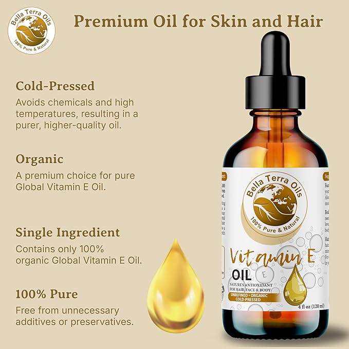 Bella Terra Oils - Organic Vitamin E Oil 16oz - Embrace the Purity of D-Alpha Tocopherol, The Strongest Form of Organic Vitamin E, Perfect Harmony with Skin's Natural Essence