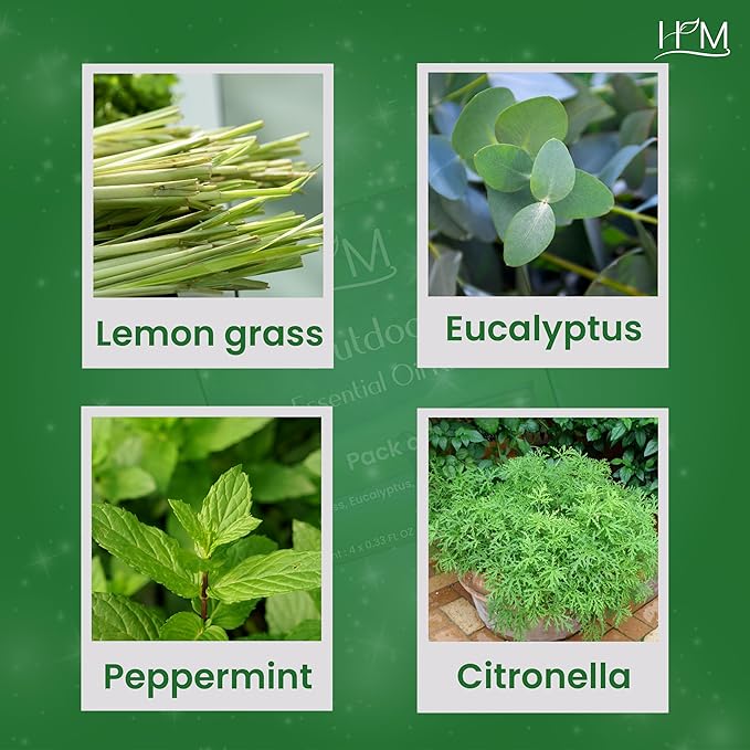 HM Outdoor Essential Oil Kit – 4 Pack | Gift Set | Lemongrass, Eucalyptus, Citronella, Peppermint | Refreshing Aromatherapy for Camping, Patio & Outdoor Use – 1.35 FL OZ Each