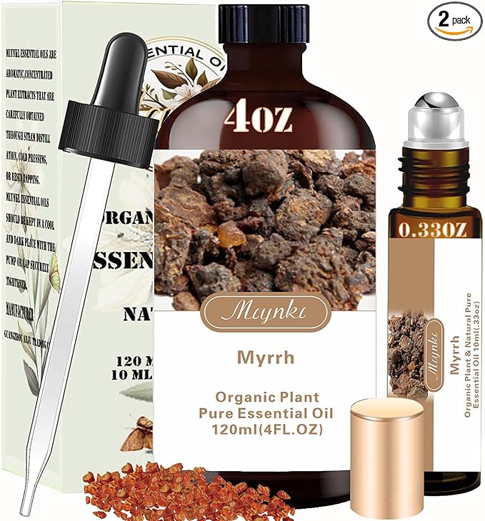 4 Fl Oz/120 ml Myrrh Essential Oil, Send Gift Roll-on (10 ml) - 100% Natural, Aromatherapy, Diffuser, Massage, Yoga, DIY Soap and Candle Making, Fragrance Oils, Spa Skin Care
