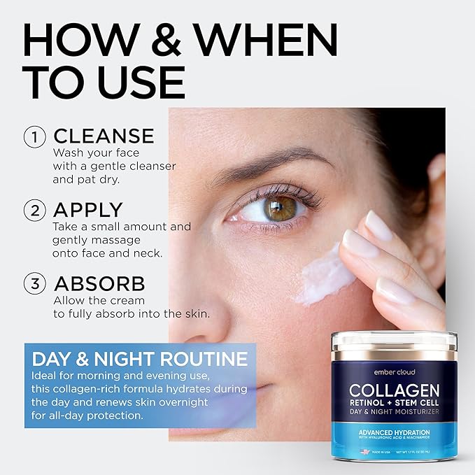 Collagen Face Cream with Stem Cells Retinol Hyaluronic Acid Niacinamide - Anti-Aging Collagen Face Moisturizer with Airless Pump - Day & Night Moisturizer for Wrinkles - Made in USA