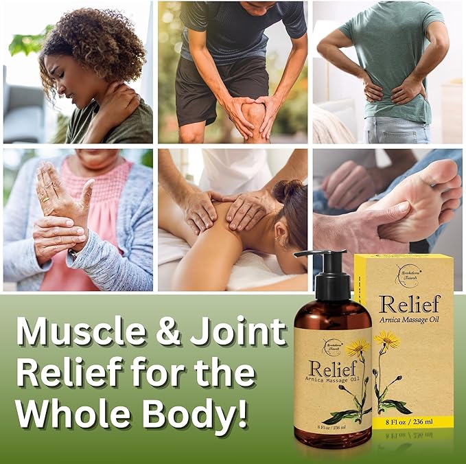Relief Arnica Massage Oil – Great for Sports & Athletic Therapeutic Massage – All Natural - Arnica Montana for Sore Muscle Relief. Contains Sweet Almond, Jojoba, Grapeseed & Essential Oils 8oz