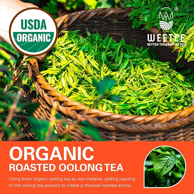 WT WEETEE Organic Roasted Oolong Tea Bags, Organic Black Oolong Tea 100 Count, Charcoal-roasted Aroma, Smooth & Refreshing, Good for Meal Accompaniment