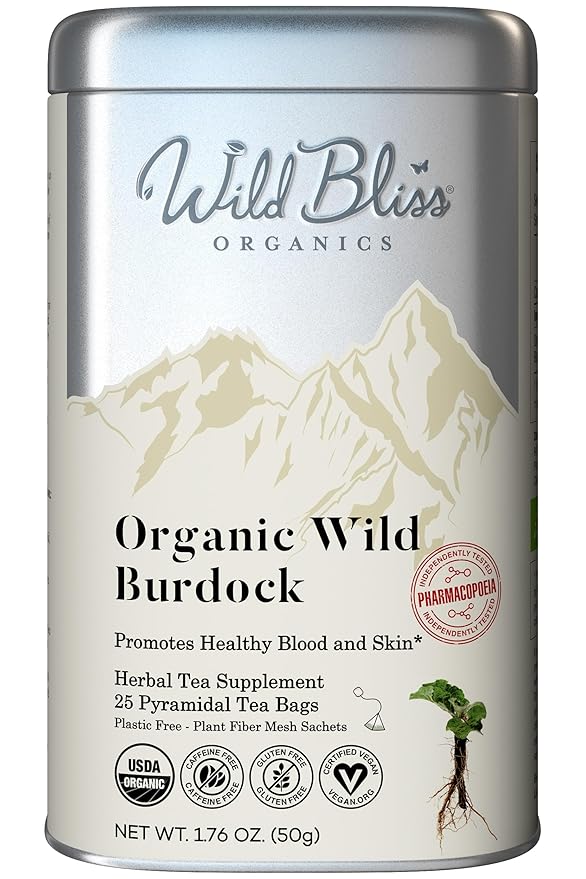 Wild Bliss Organic Burdock Root Tea - Caffeine Free Herbal Detox Support - Pharmacopoeia Quality - 25 Plant Based Tea Bags