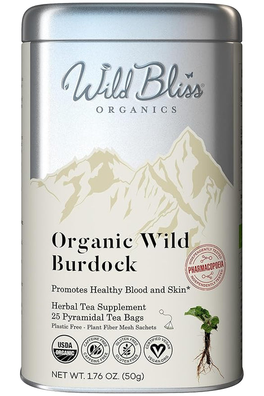 Wild Bliss Organic Burdock Root Tea - Caffeine Free Herbal Detox Support - Pharmacopoeia Quality - 25 Plant Based Tea Bags