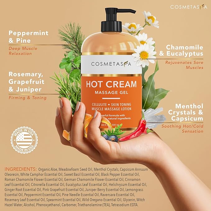 Cellulite Massage Oil, Gel & Mitt - Natural Hot Cream Massage Gel, Oil & Massager - Firm, Tone, Tighten & Moisturize Skin. Soothes Muscles (16.9 oz)