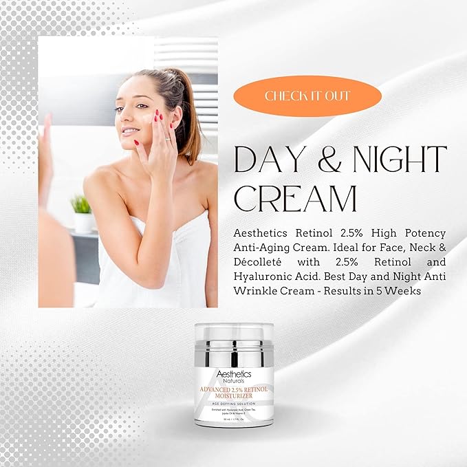 Retinol Cream - Anti-Aging Face & Neck Moisturizer with 2.5% Retinol, Vitamin E, Green Tea, Hyaluronic Acid, Organic Jojoba Oil, & Shea Butter, Day & Night Anti-Wrinkle Cream 1.7oz