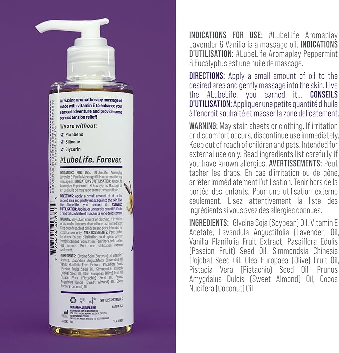 #Lube Life Aromaplay Lavender and Vanilla Massage Oil, Aphrodisiac, Essential Oil for a Relaxing Full Body Aromatherapy Massage, 8 Fl Oz