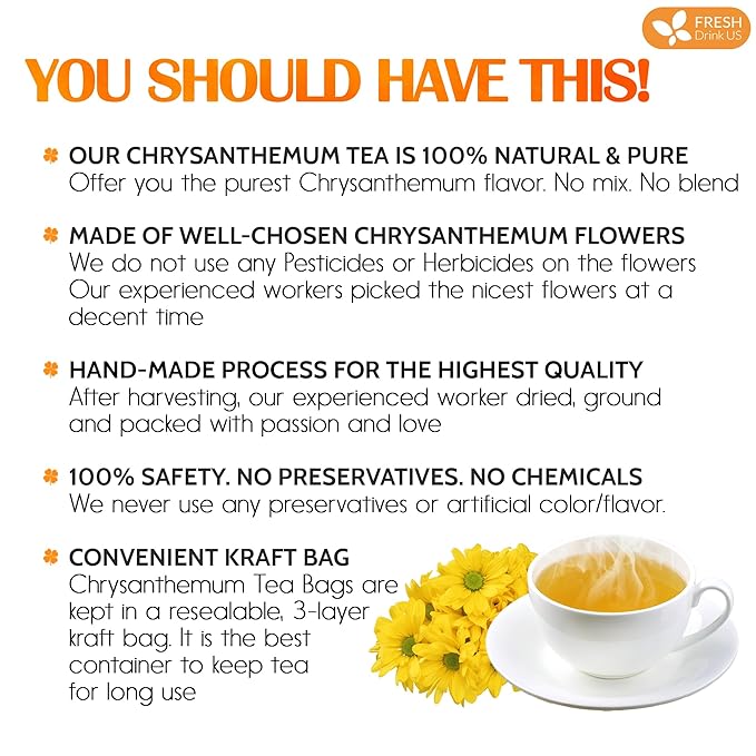 FreshDrinkUS Premium Chrysanthemum Flower Tea Bags - 120 Count, 100% Natural and Pure, Eco-Conscious. Herbal Tea, No Sugar, No Caffeine, No Gluten, Vegan