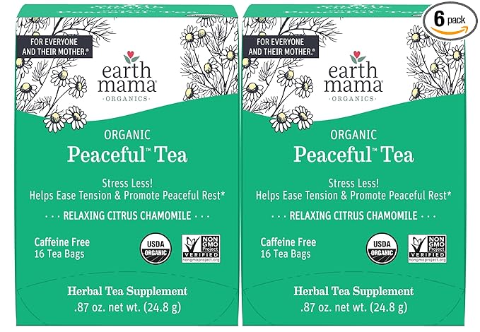 Earth Mama Organic Peaceful™ Tea | Stress Less! Calming, Relaxing Herbal Blend Safe for Pregnancy & Beyond, 16 Teabags Per Box (2-Pack)
