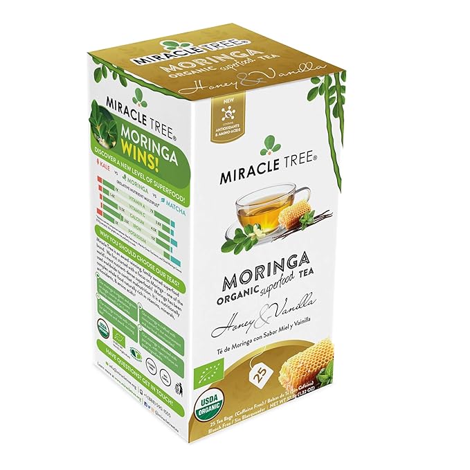 Miracle Tree - 12 Count of Organic Moringa Superfood Tea, 25 Individually Sealed Tea Bags, Honey & Vanilla (Keto, Detox, Energy/Immunity Booster, Vegan, Gluten-Free, Organic, Non-GMO, Caffeine-Free)