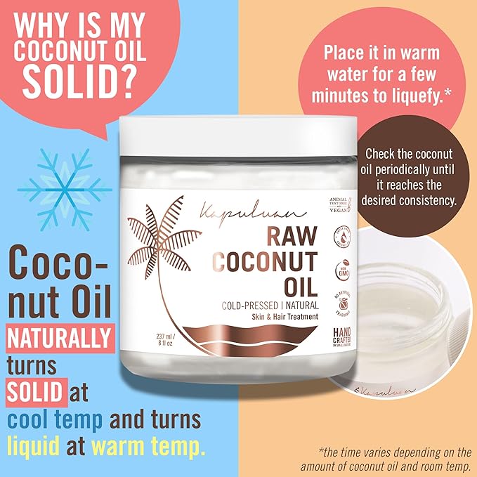 Kapuluan Organic Coconut Oil for Hair, Skin – Raw Extra Virgin Coconut Oil - Pure Unrefined Cold Pressed Oil with MCTs for Body Care or Haircare, Hair Growth, Aceite de Coco Organico, Baby, Dogs, Pets