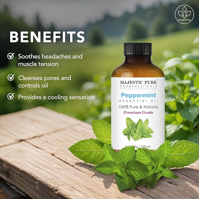 MAJESTIC PURE Peppermint Essential Oil | 100% Pure and Natural | Premium Grade Essential Oils for Hair Care, Home Diffusers, Skin, Aromatherapy, Massage and Humidifiers | 3.4 Fl Oz
