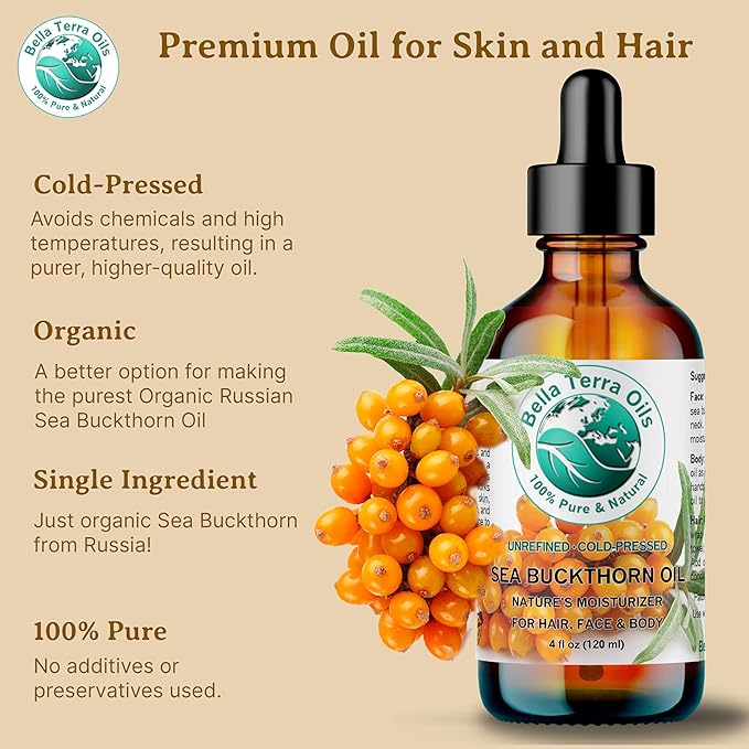 Bella Terra Oils - Sea Buckthorn Oil 4 oz - Unlock the Gold Standard in Skincare, Infused with Omega-3, Omega-6 & Carotenoids, Elevate Your Cosmetic Routine