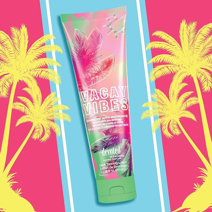 Devoted Creations Vacay Vibes Tanning Lotion – Indoor/Outdoor Tropical Bronzing Cocktail Infused with Skin Quenching Watermelon and Guava Extracts, plus Electrolyte Enhanced Coconut Water – 8.5 oz.