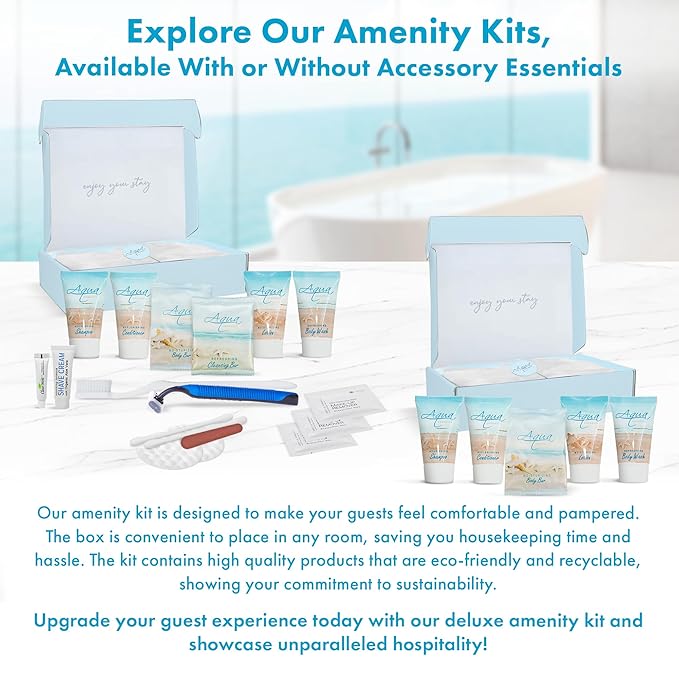 Aqua Organics Amenity Kit | Boxed Hotel Toiletries Bulk Set | 1 oz Shampoo, Conditioner, Lotion, Body Wash & Bar Soap | 300 Sets per Case