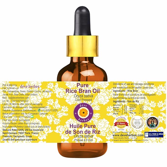 dève herbes Pure Rice Bran Oil (Oryza Sativa) with Glass Dropper Cold Pressed 30ml (1 oz)
