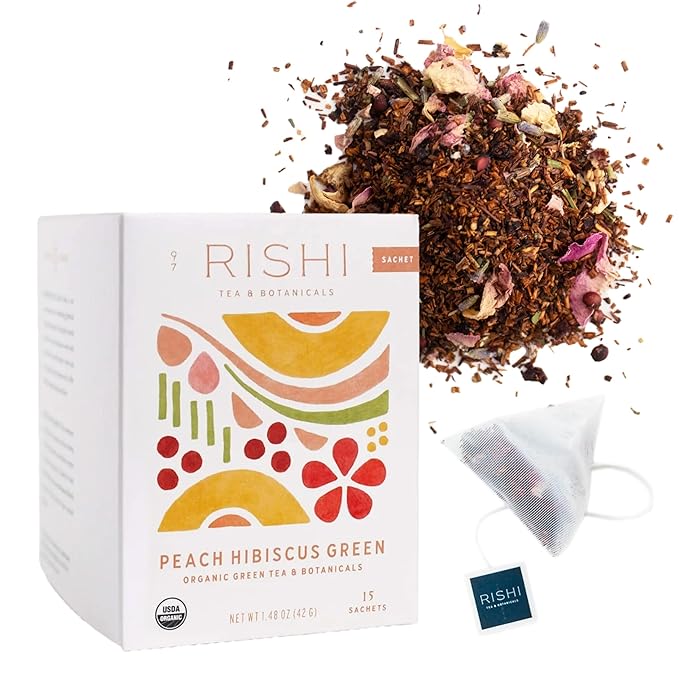 Rishi Tea Peach Hibiscus Green Houjicha Roasted Japanese Tea - Organic, Low Caffeine Sachet Bags with Hibiscus & Peach, Enjoy Hot or Iced - 15 Count (Pack of 1)