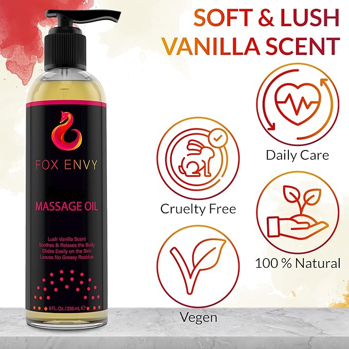 Body Massage Oil: Massage Oil for Massage Therapy, Premium Massaging Oil-Lush Vanilla Scent with Jojoba & Coconut Massage Oil, Therapeutic Massage, Oil 1Bottle, 8 fl oz